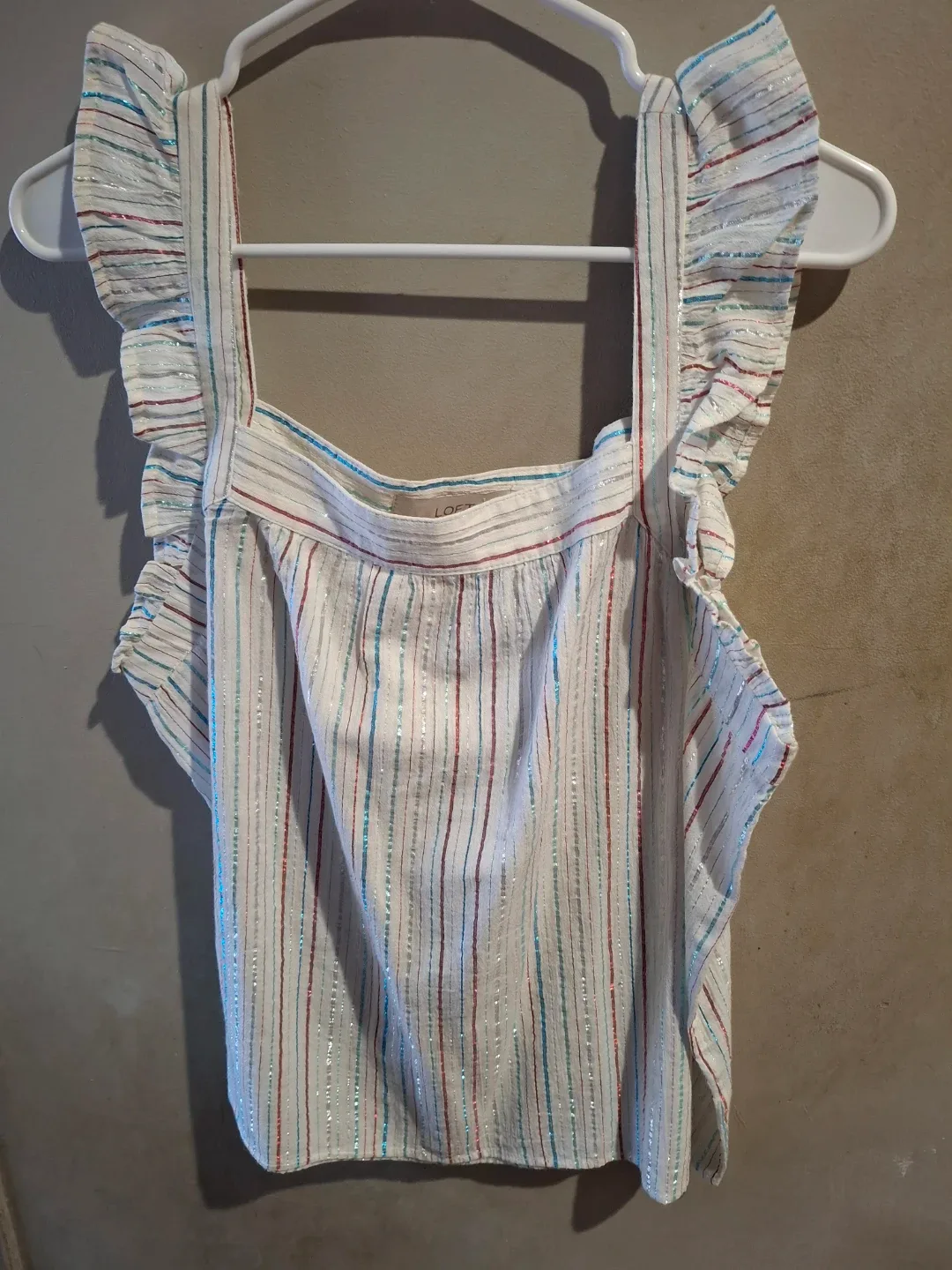 LOFT White Striped Ruffle Tank Top thumbnail