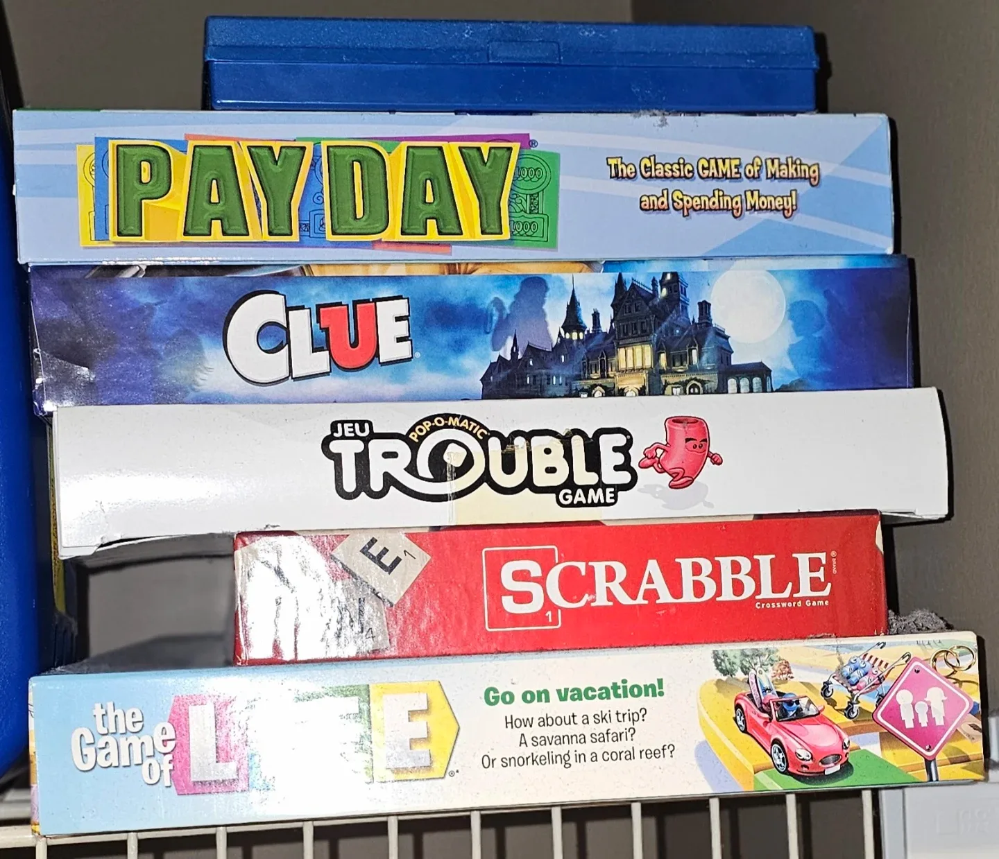 Board Games: Payday, Clue, Trouble, Scrabble, Game of Life