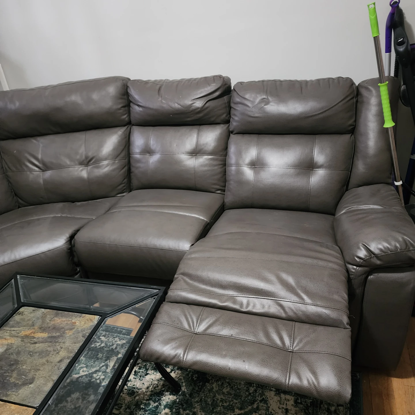 Grey Leather Sectional Sofa with Recliner - photo 4
