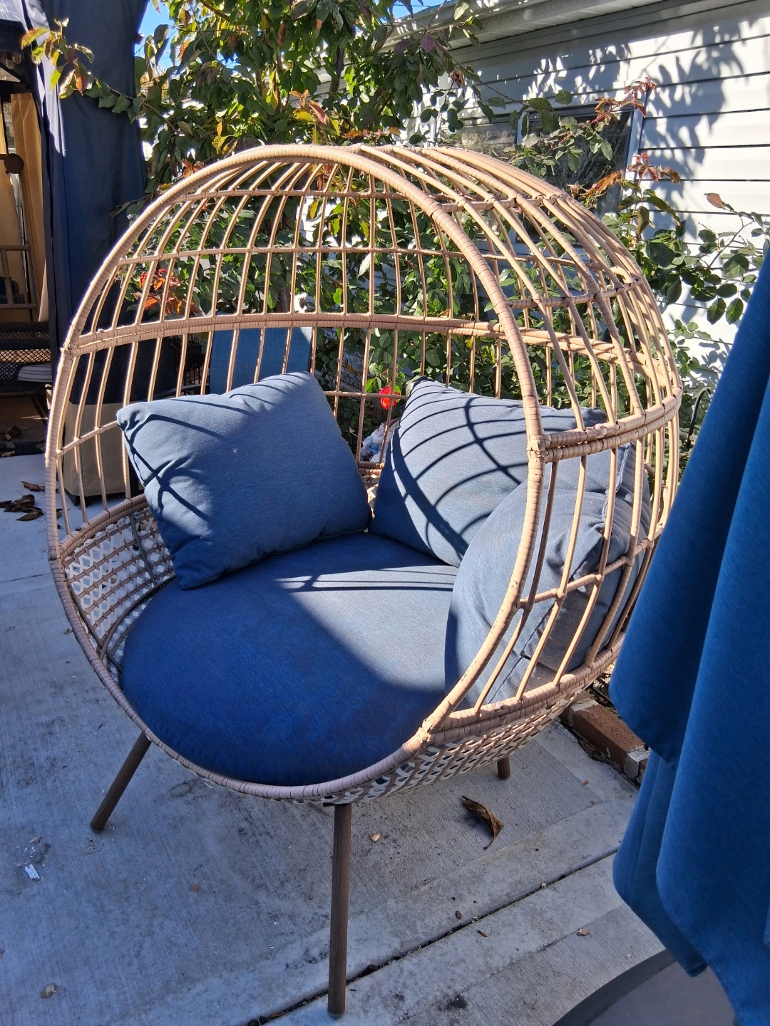 Rattan Egg Chair with Blue Cushions