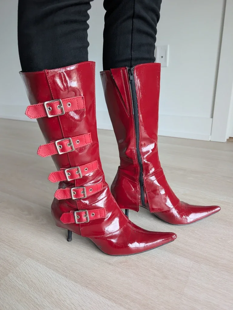 Red Patent Leather Knee-High Boots