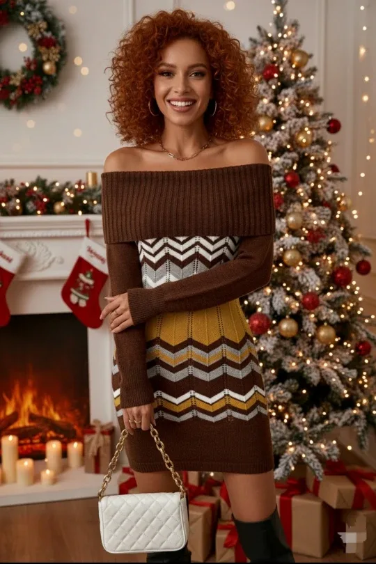 Women's Off-shoulder Sweater Dress With Wavy Striped Pattern