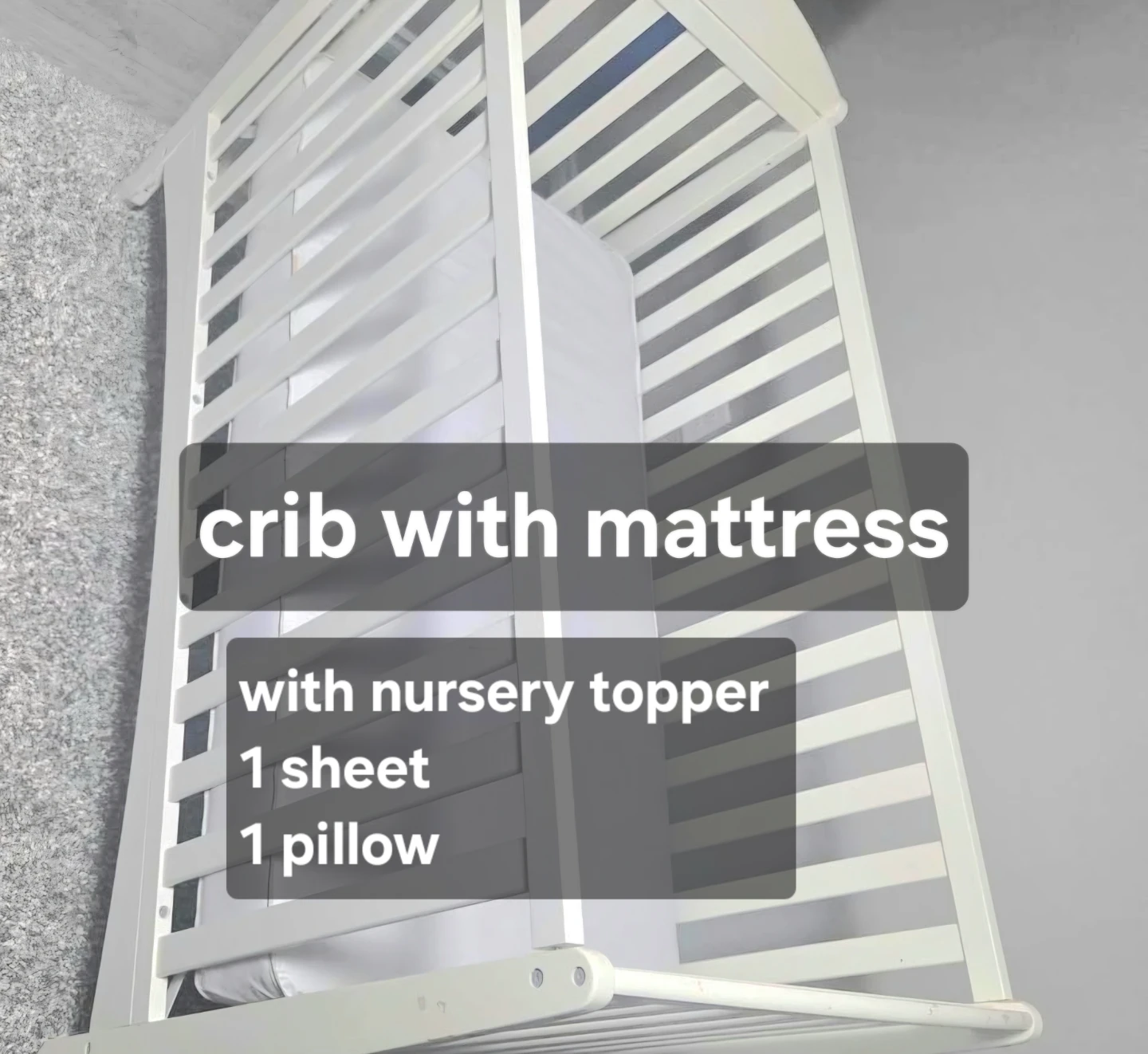 Crib with Mattress, Nursery Topper, Sheet, Pillow