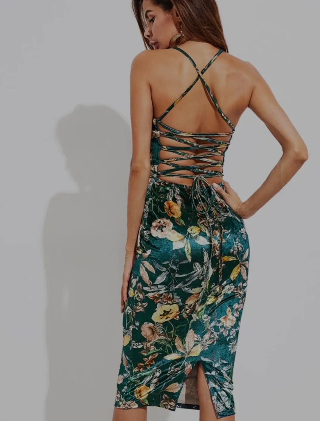 Floral Print Velvet Lace-Up Back Bodycon Dress - Size L