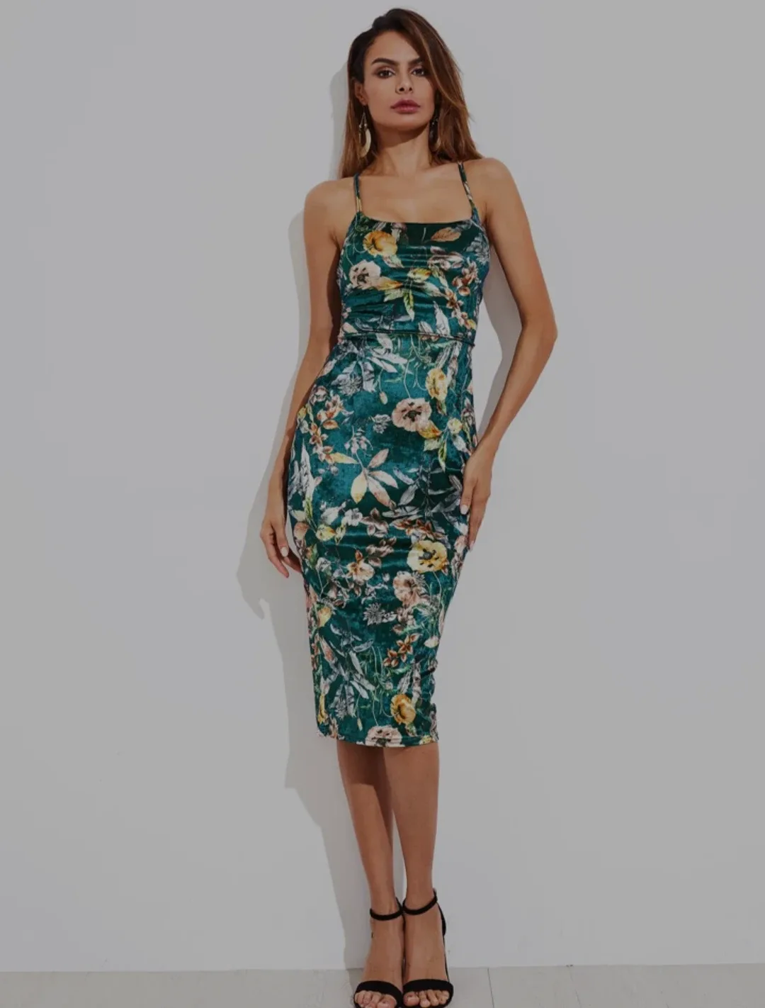 Floral Print Velvet Lace-Up Back Bodycon Dress - Size L image indicator(3)