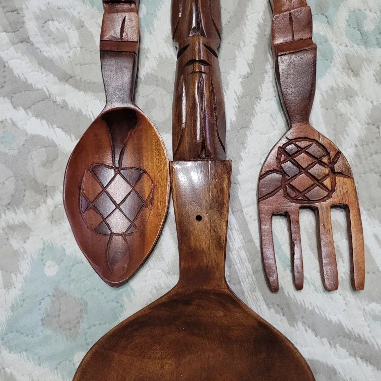 Wooden Fork Spoon Decor 17 1/2" Fork Spoon Set & Large 39" Spoon image indicator(8)