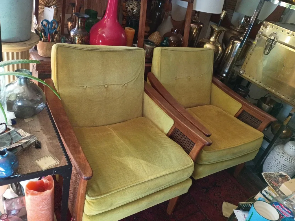 Pair o beautiful yellow velvet mid century arm chairs image indicator(2)