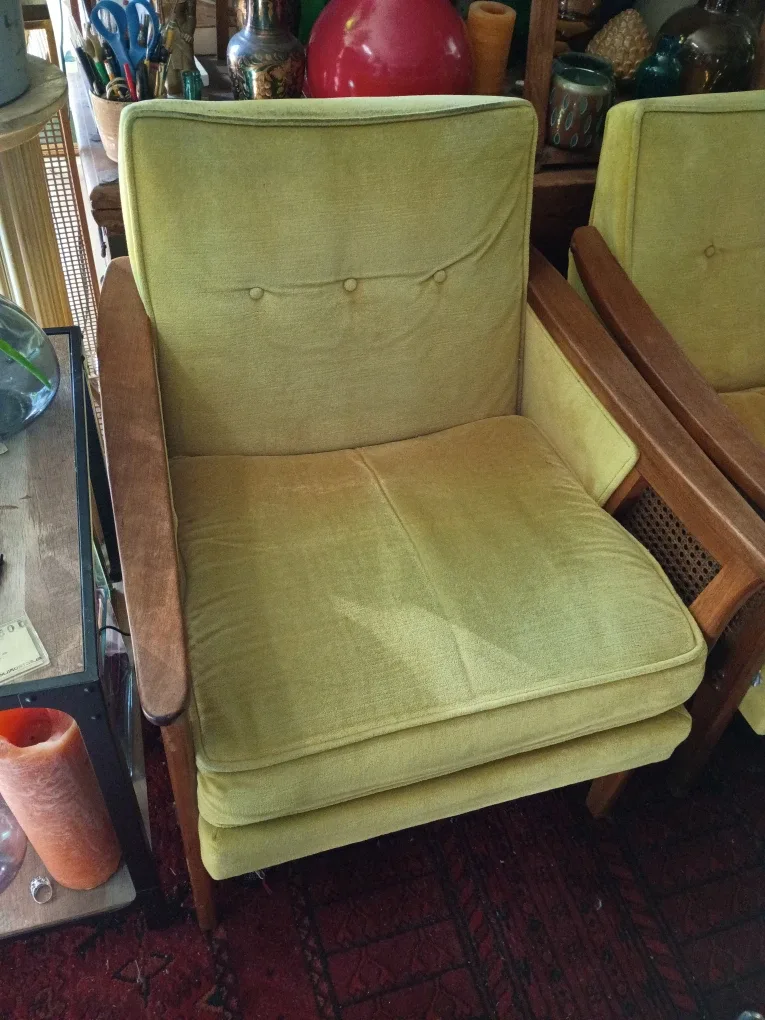 Pair o beautiful yellow velvet mid century arm chairs image indicator(3)