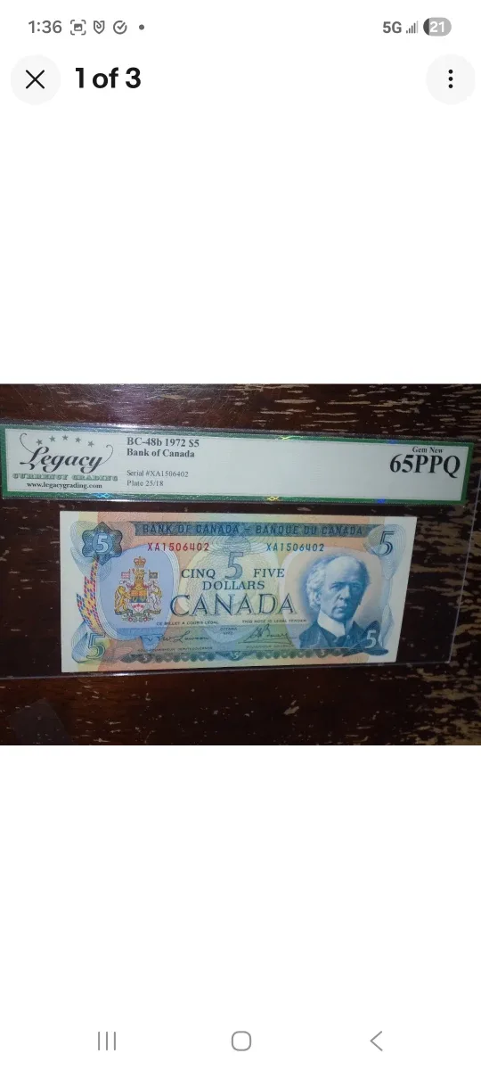 1972 $5 Canadian Bill - Legacy Graded/Prefix XA