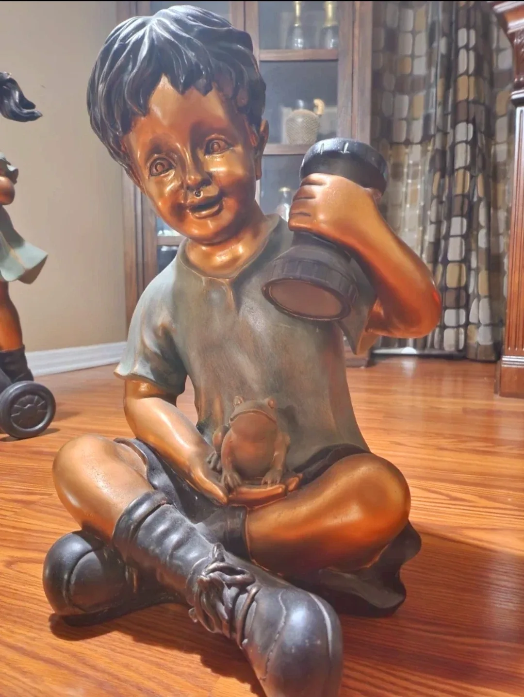 Bronze Finish Boy Holding a Frog Statue