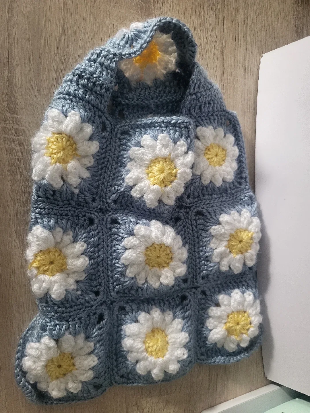 Handmade Crochet Dog Sweater - Blue with Daisies image indicator(2)