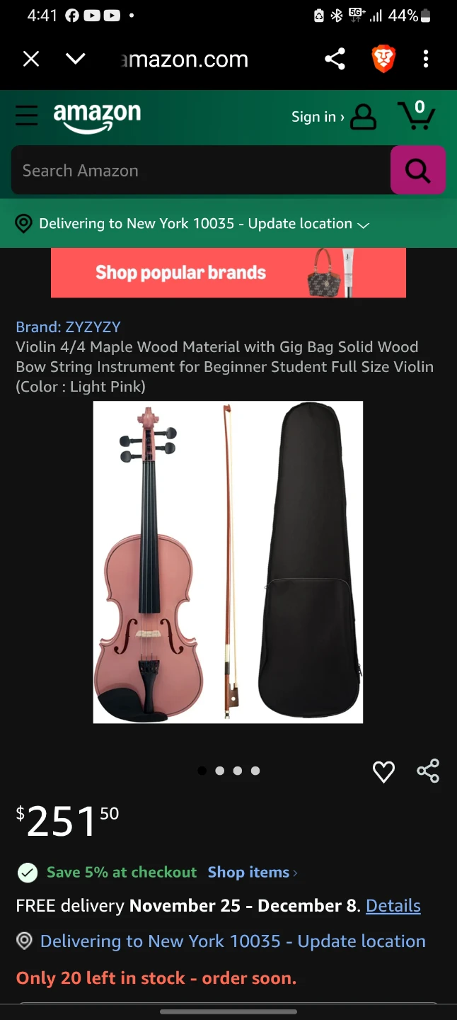 Mendini 4/4 Pink Violin with Case