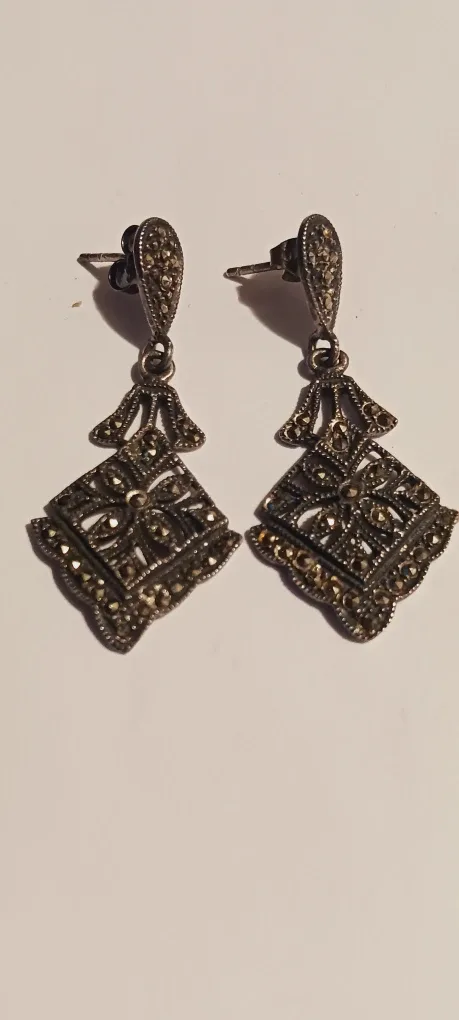 Vintage Sterling Silver 925 Marcasite Dangle Earrings image indicator(3)