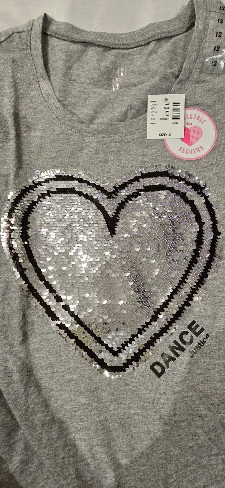 NEW! Justice Girl's Grey Flip Sequin Heart Top!- Size 12 Youth image indicator(3)