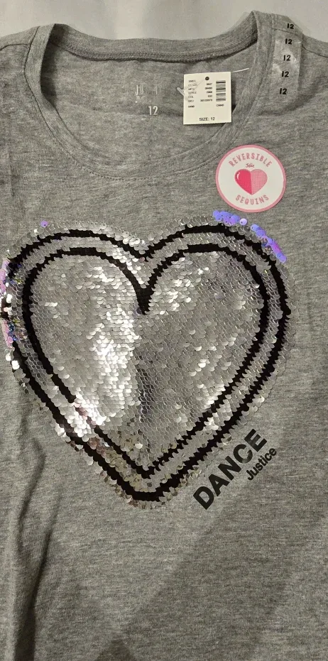 NEW! Justice Girl's Grey Flip Sequin Heart Top!- Size 12 Youth image indicator(4)