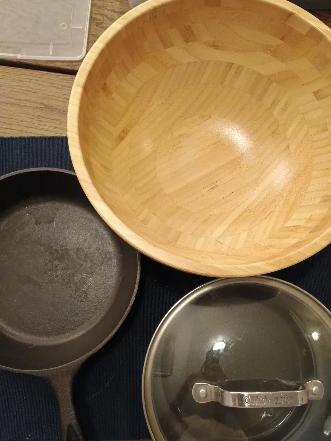 Cast Iron Skillet, Wooden Bowl & Cuisinart Pot