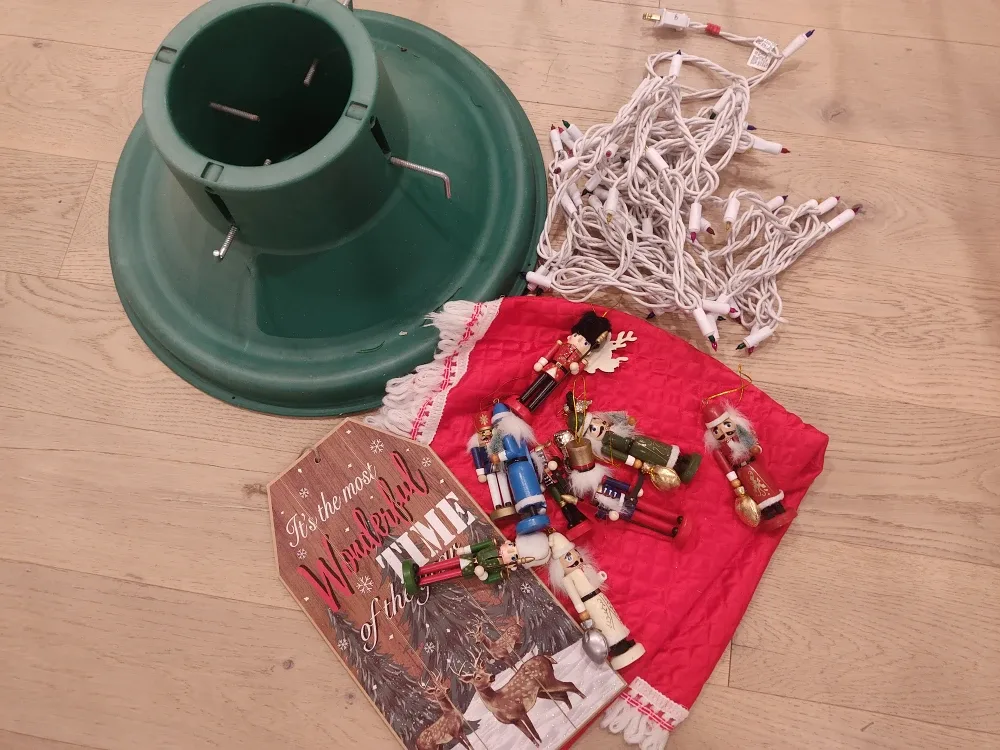 Christmas Tree Stand, Lights, Ornaments & Skirt