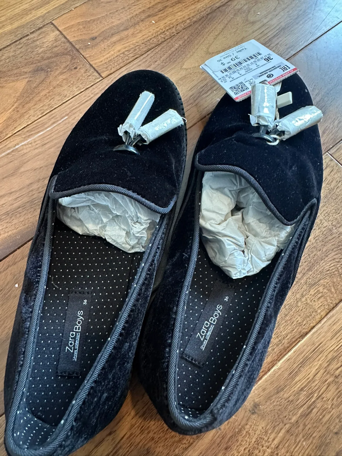 Zara Boys Black Velvet Loafers - Size 36 (Youth)