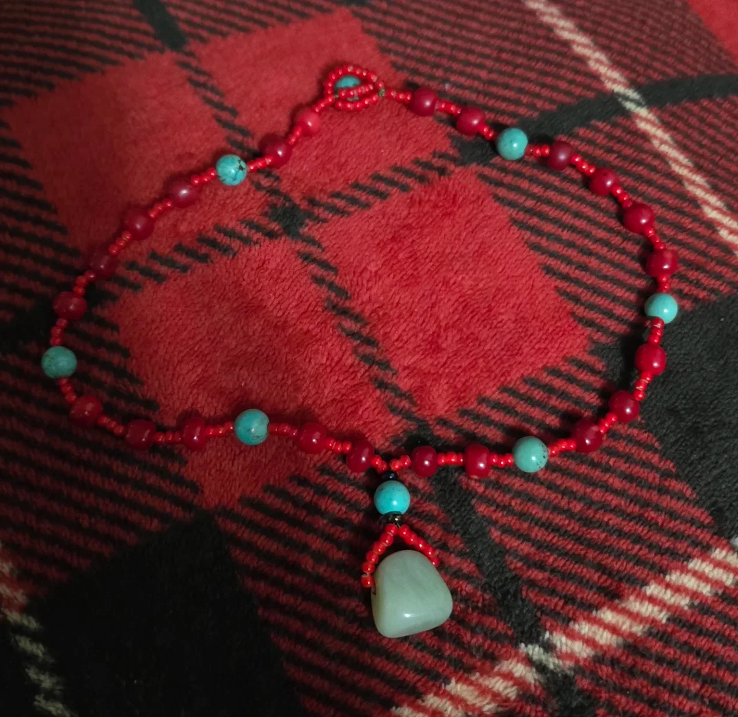 Red Coral & Turquoise Jade Beaded Necklace OOAK