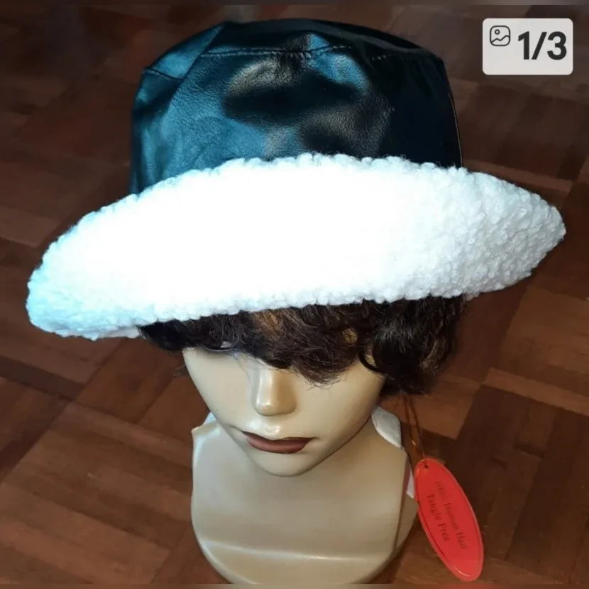 Black Faux Leather Bucket Hat with White Trim