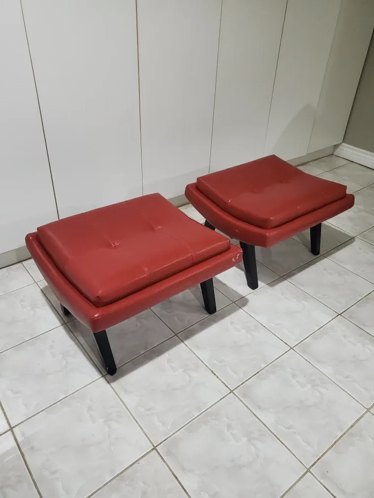 Red Leather Ottomans - Pair