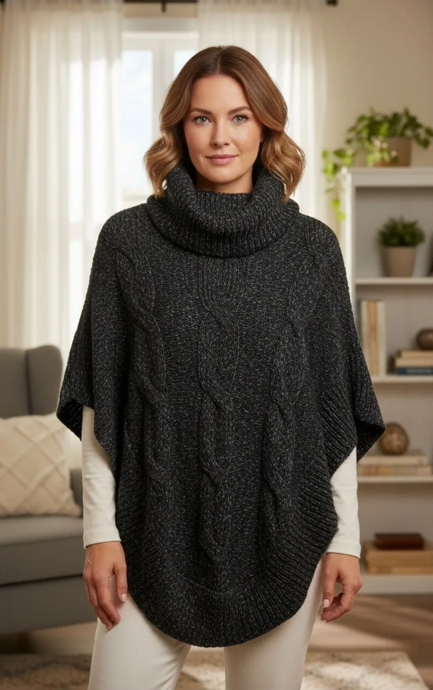 NWOT Women's Black Ribbed Knit Turtleneck Poncho