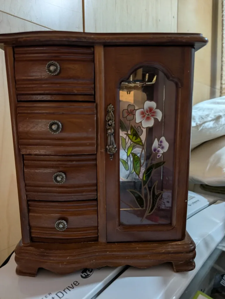 Wooden Jewelry Box with Drawers & Door