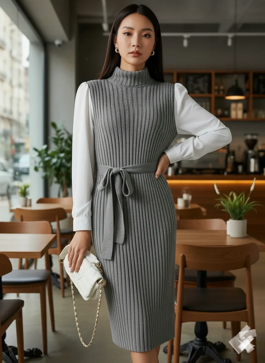 Grey Knit Midi Dress with Belt