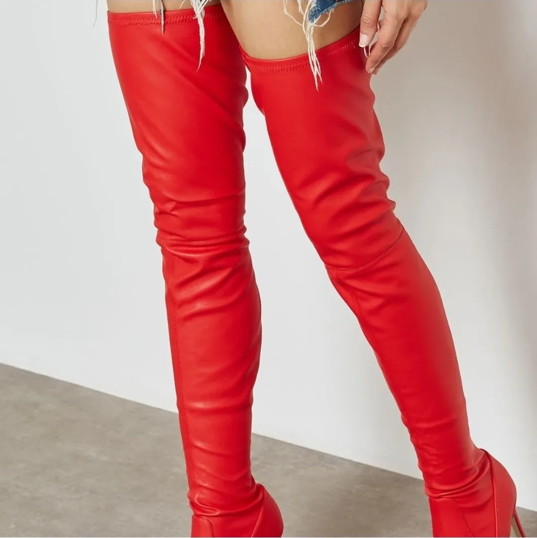 Thigh high red stiletto boots thumbnail