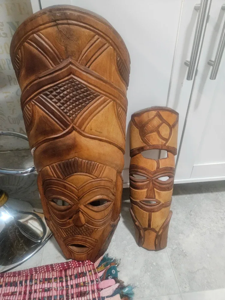 HAND carved wood Tiki 2- mask wall hanging