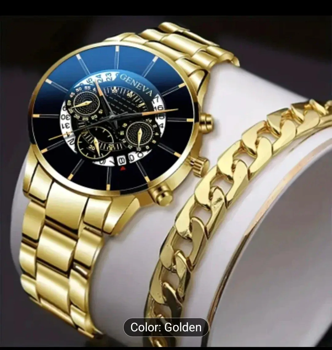 Geneva Golden Watch and Chain Bracelet Set