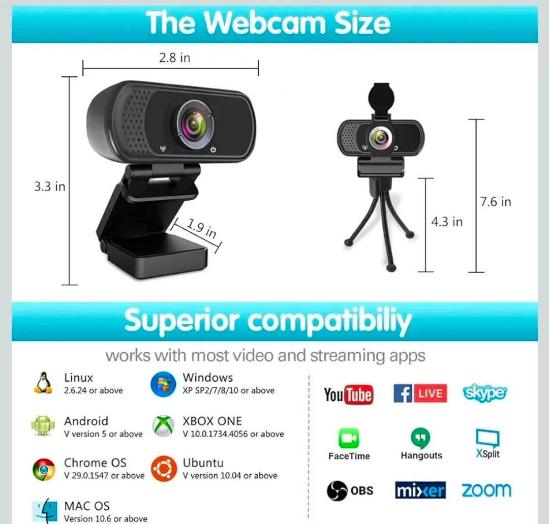 Webcam w noise reduction Mic, 1080p, Tripod image indicator(2)