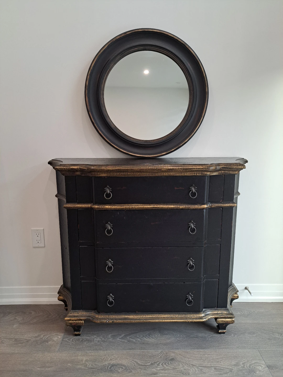 Dark Brown Antique Dresser and round mirror with Gold Trim - photo 2