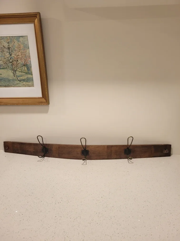 Rustic Reclaimed Wine Barrel Wood Coat Rack. Hooks