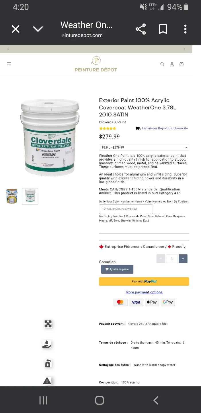 Cloverdale WeatherOne Exterior Paint 3.78L