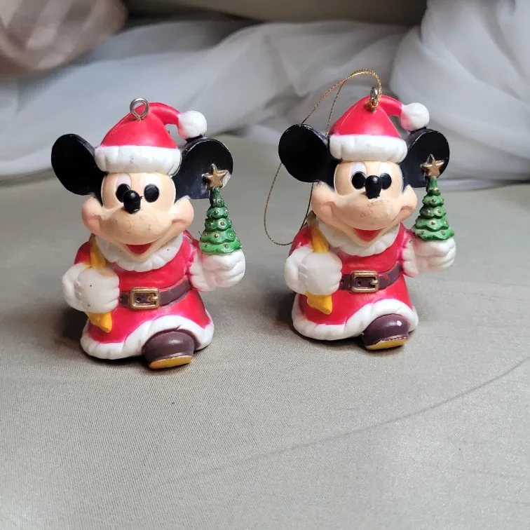 Pair of Vintage Mickey Mouse Santa Holiday Christmas Ornaments