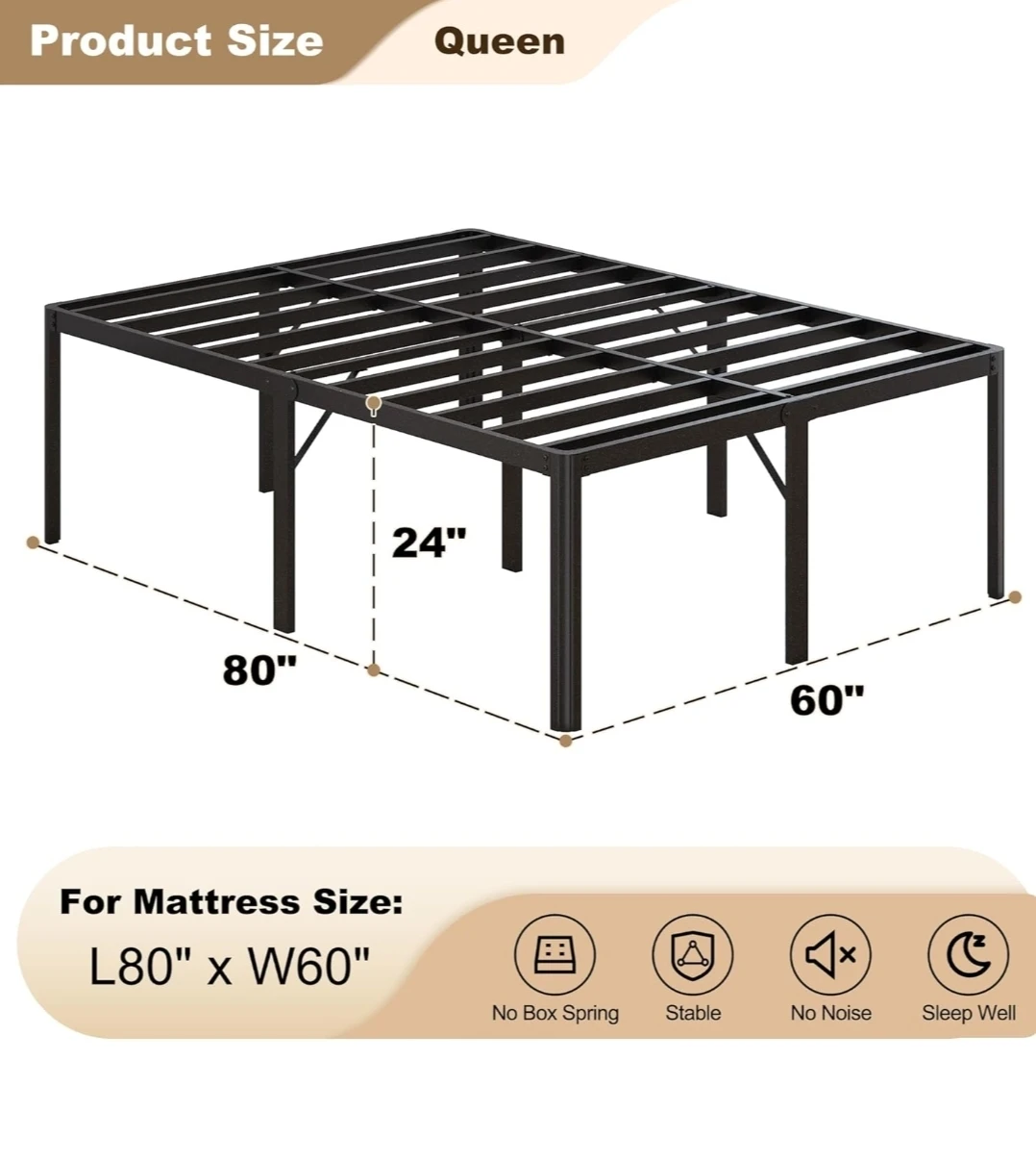 24" Queen Size Metal Bed Frame