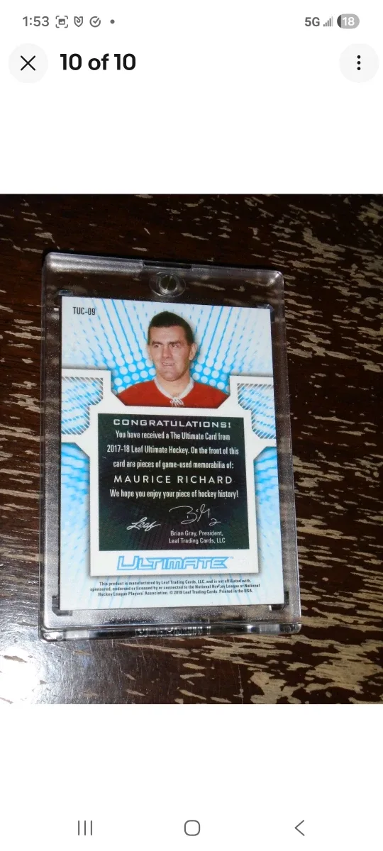 Leaf Ultimate Hockey Maurice Richard Card/ leather worn relics image indicator(9)