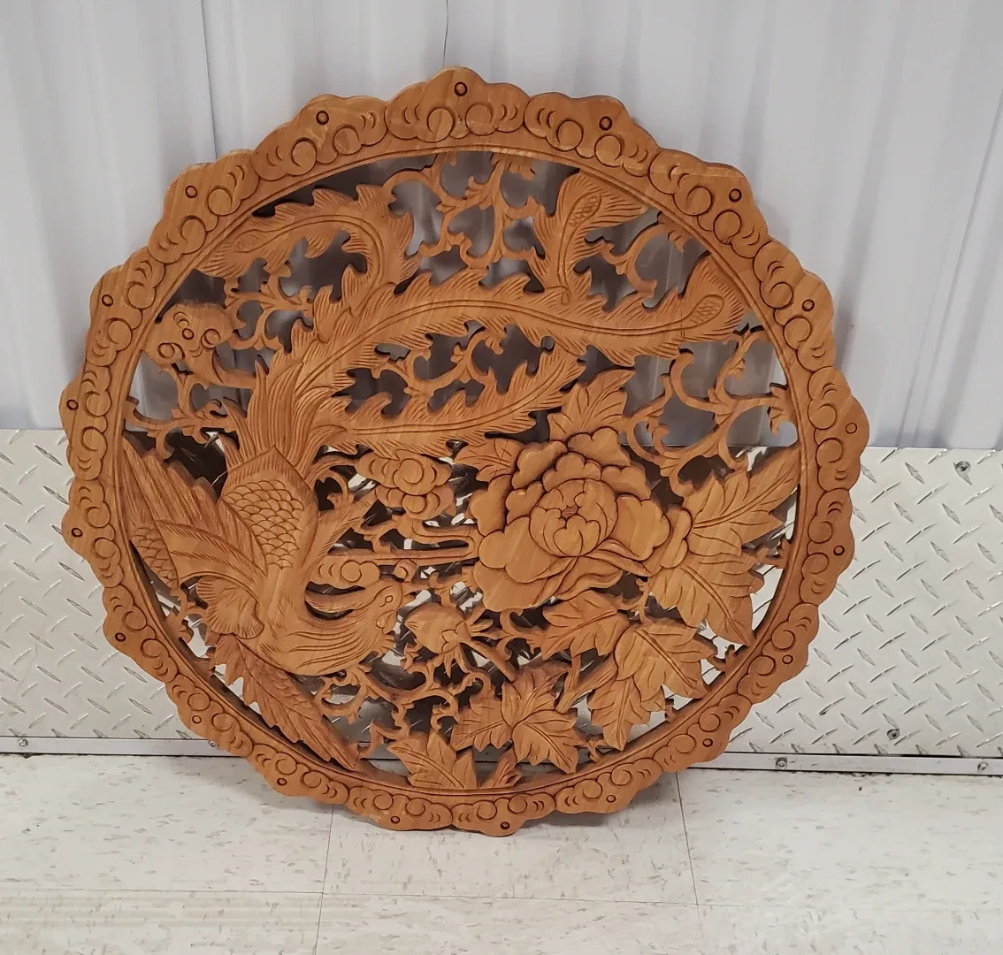 Carved Wood Wall Art - Phoenix & Peony