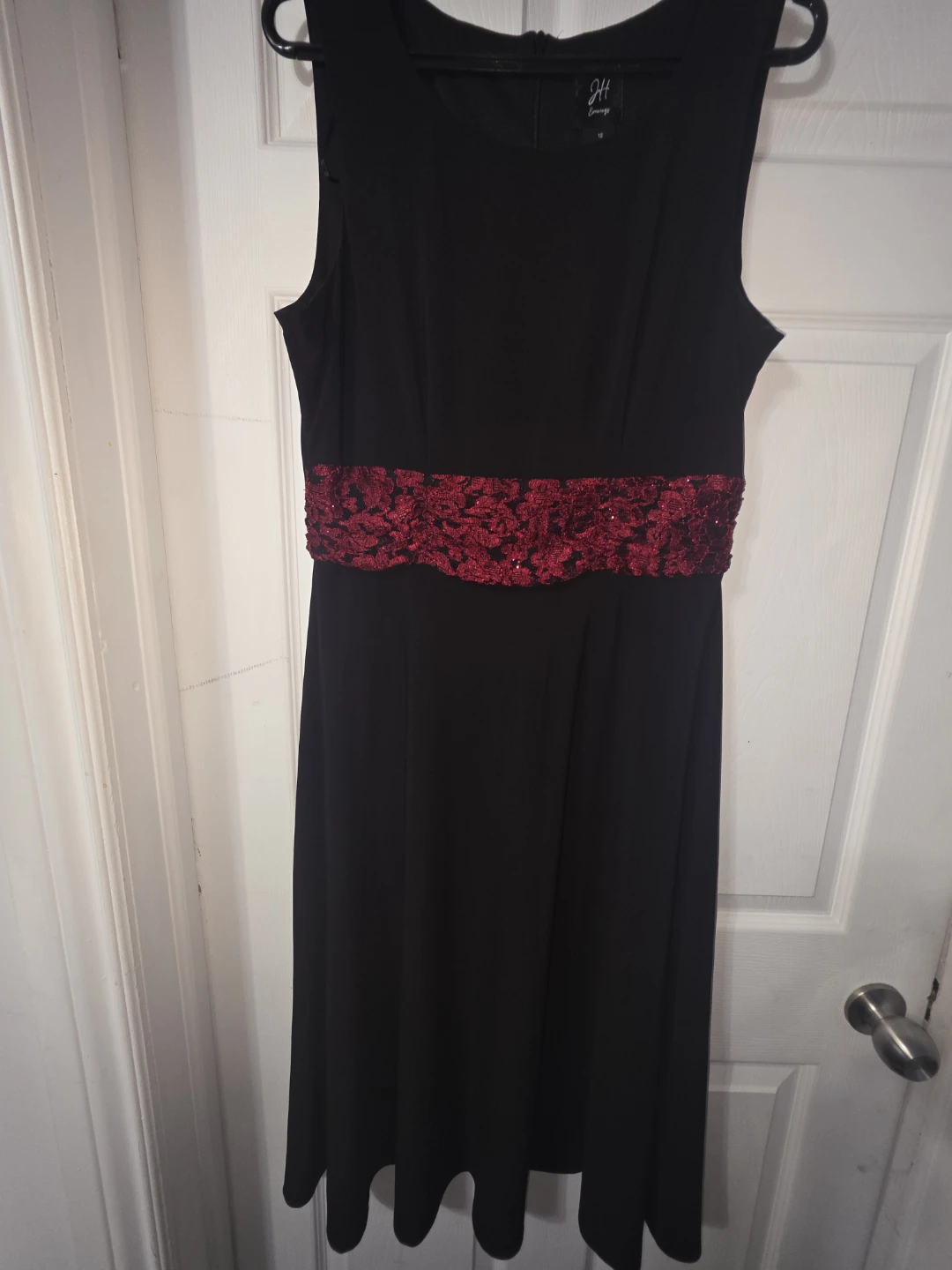 JH Design Black Dress with Red Waist Detail