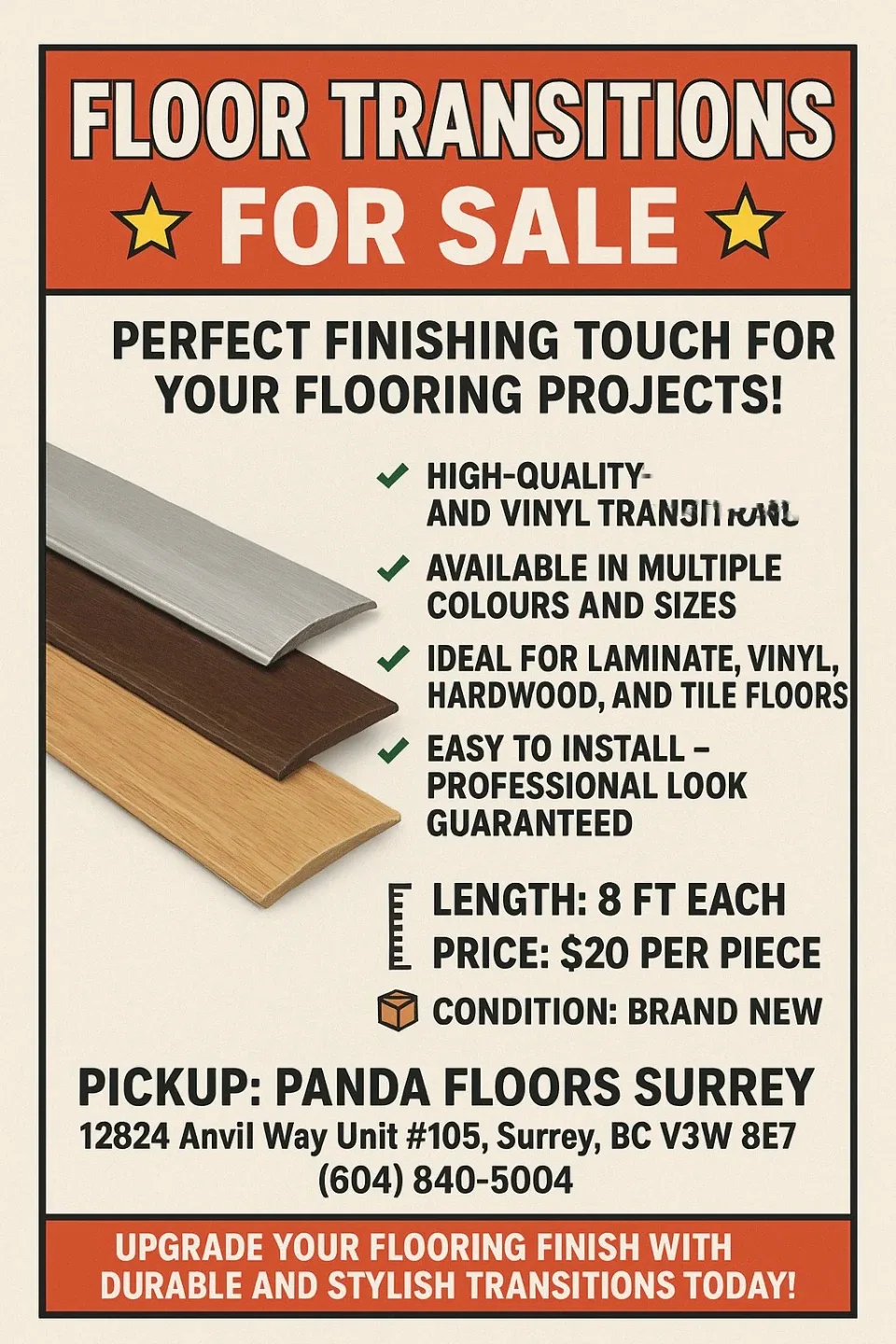 Brand New Floor Transitions - 8 ft Length