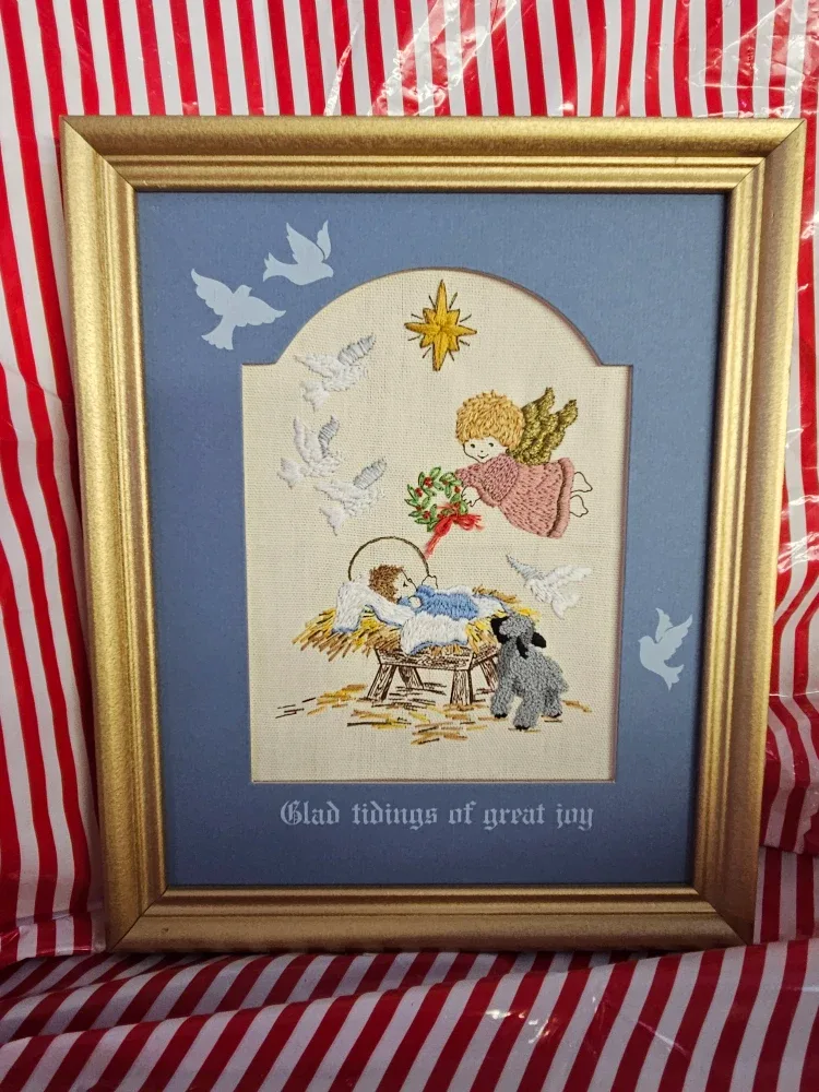 Framed Embroidery Art, Angel and baby Jesus thumbnail