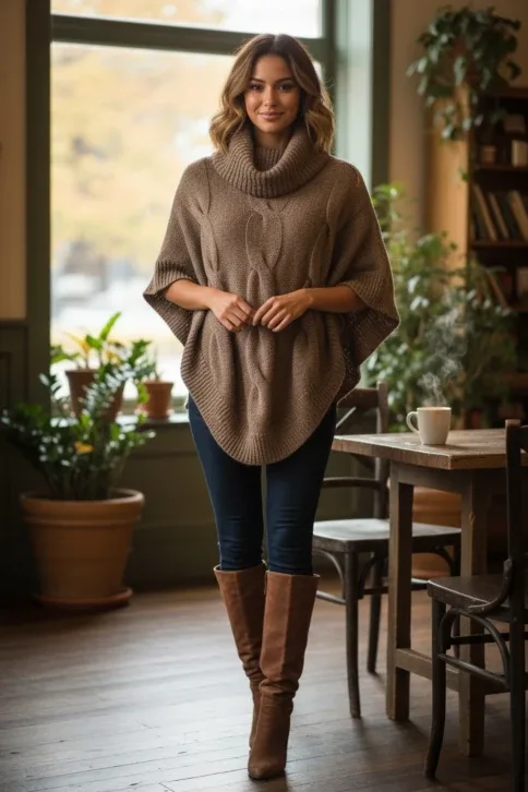 FREE NWOT Women's Brown Ribbed Knit Turtleneck Poncho