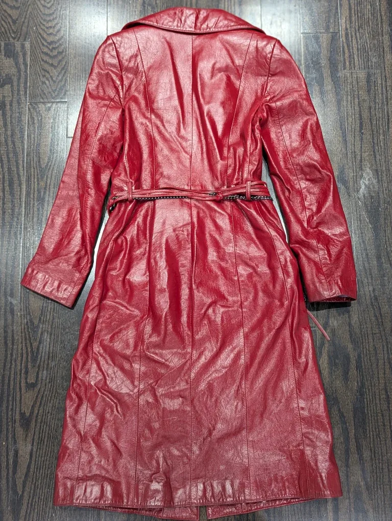 Red Genuine Leather Trench Coat size S image indicator(3)