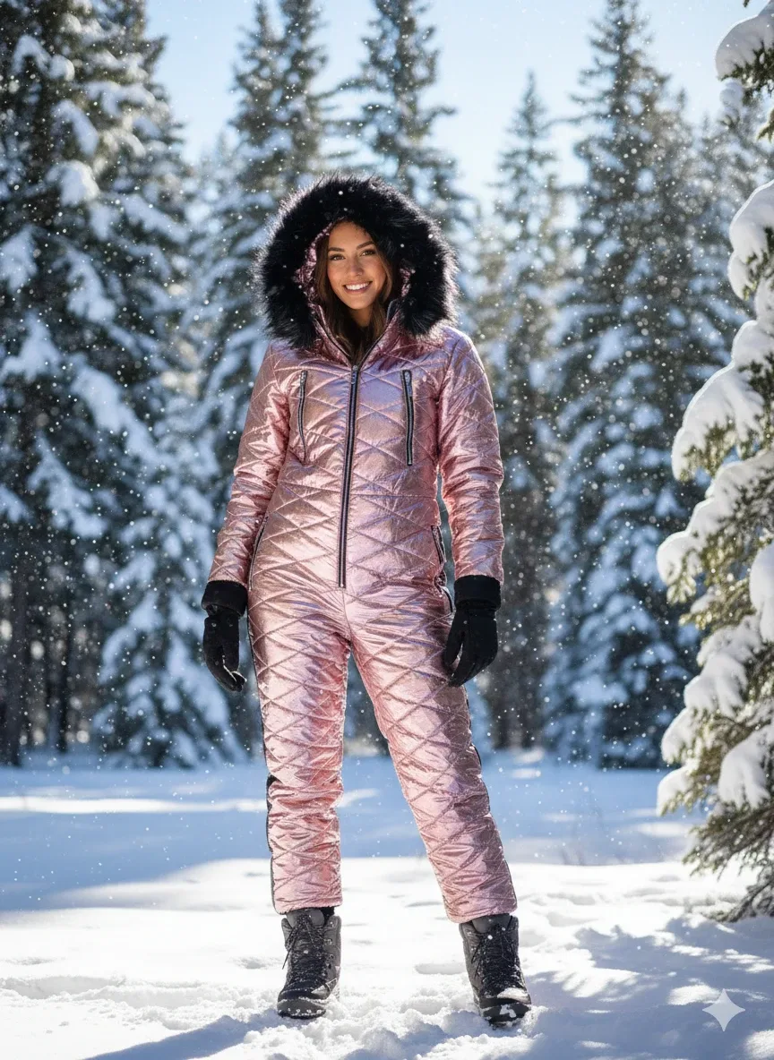 Pink Ski Suit with Fur Hood