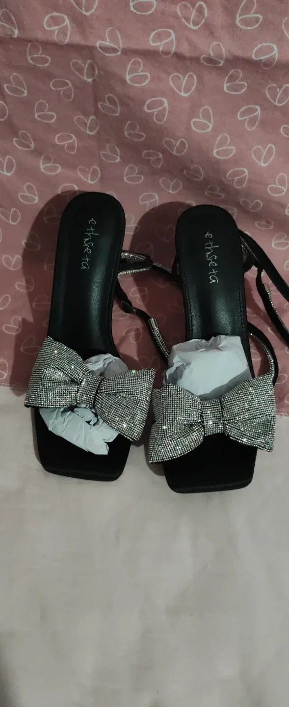 Etheseta Black Heels with Rhinestone Bow image indicator(2)
