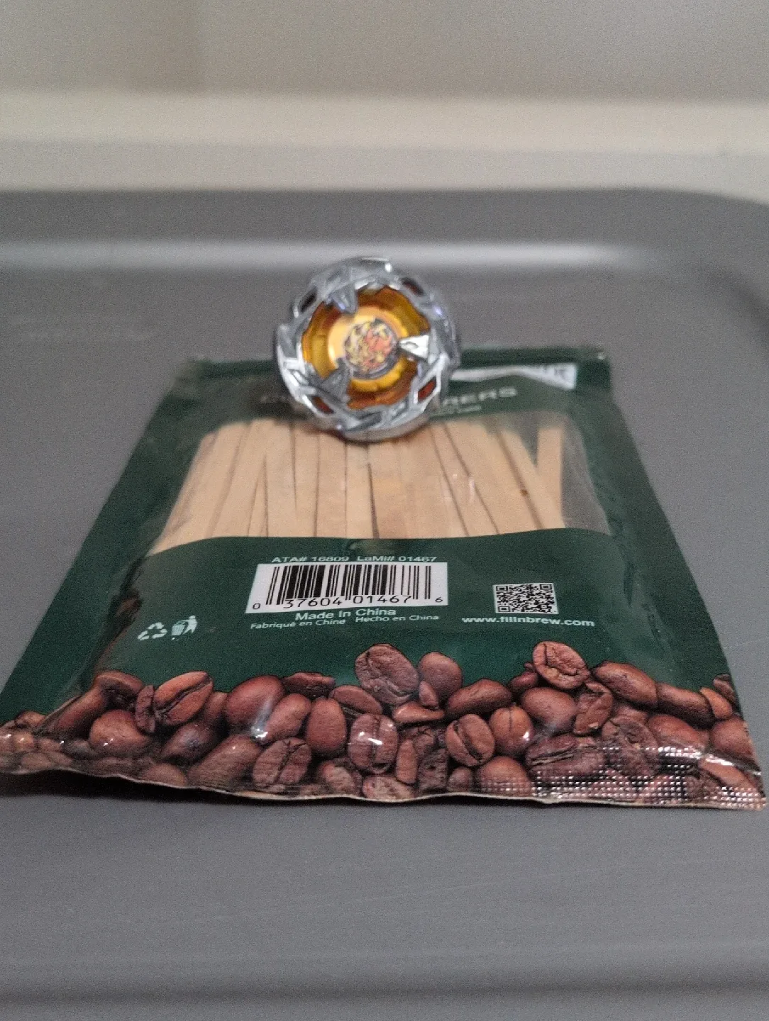 Beyblade on Fill N Brew Coffee Stirrers
