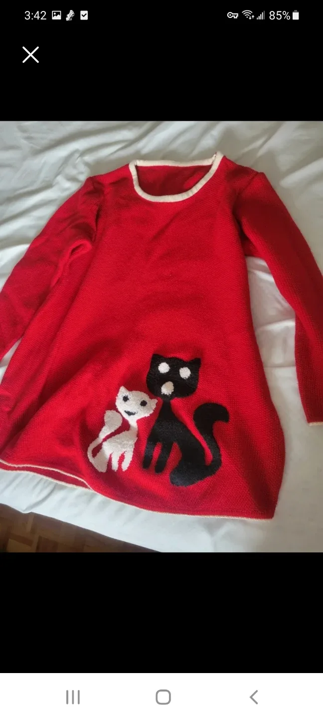 Red Knit Dress with Cat Appliqué thumbnail