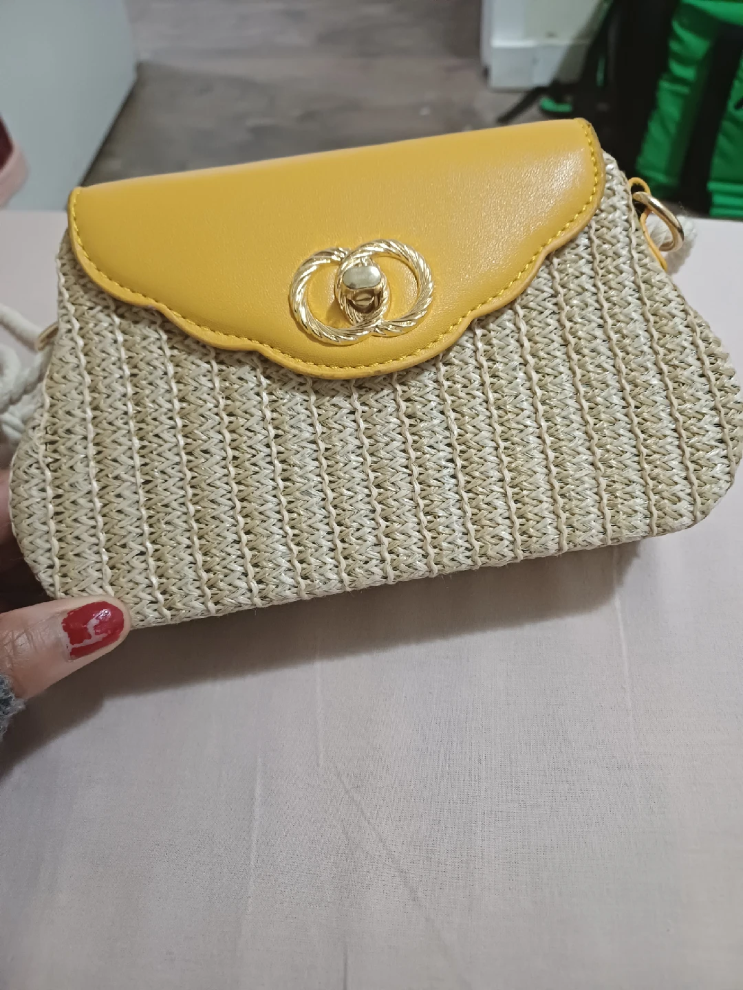 Yellow & Woven Straw Small Purse