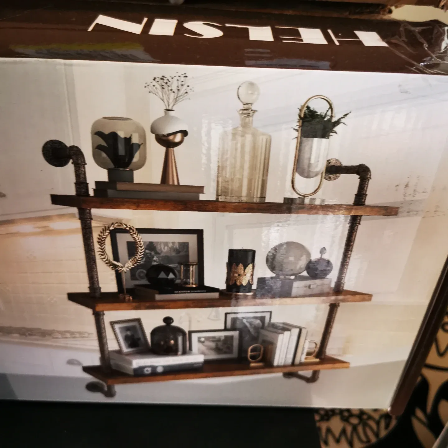 Helsin 3 Tier Industrial Pipe Shelf - Rustic Wood thumbnail